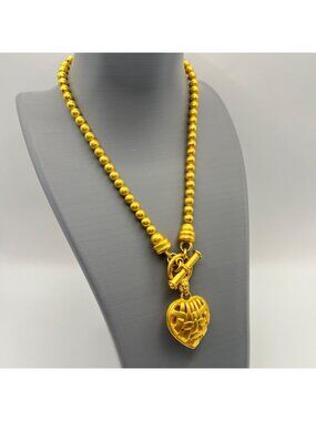 Satin Brushed Gold Tone Beaded Necklace Woven Puffy Heart Pendant Toggle 16"